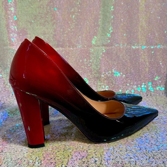 Wet❤️Kiss Ombré Block Heel Patent Leather Pointed Top Black to Red Pumps - Picture 3 of 12